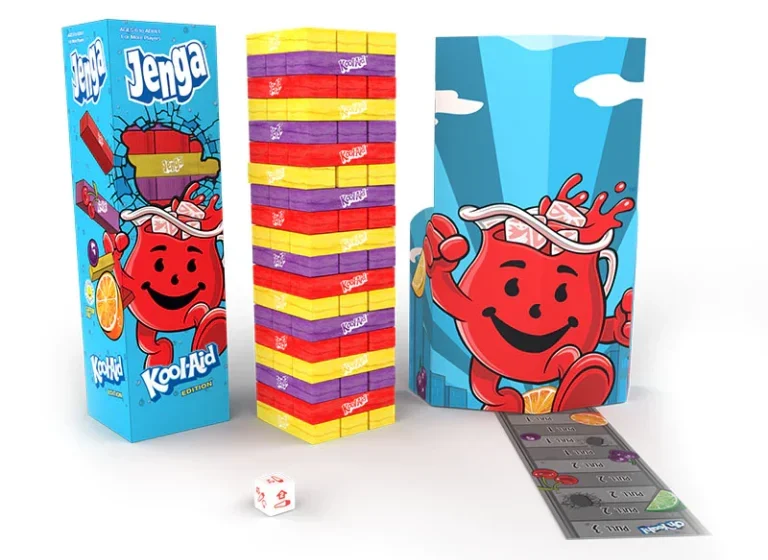 The Jenga: Kool-Aid game with tower, box and Kool-Aid man.