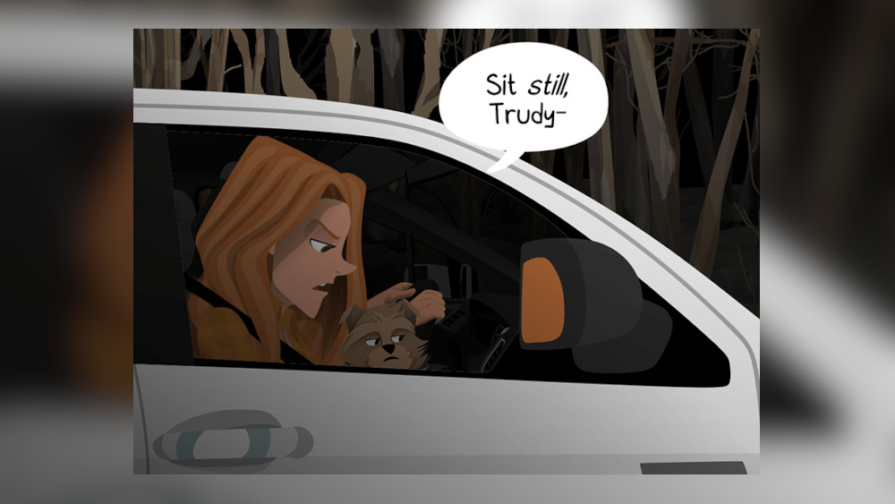 Bridget looking at her phone in the car with Trudy the dog on her lap.