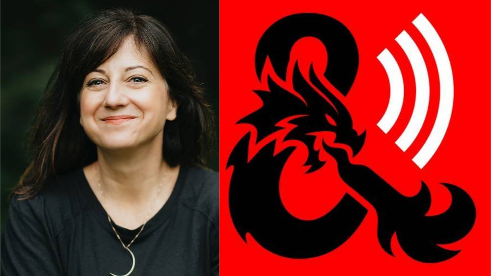 A heashot of Shelly Mazzanoble next to the Dragon Talks Podcast logo.