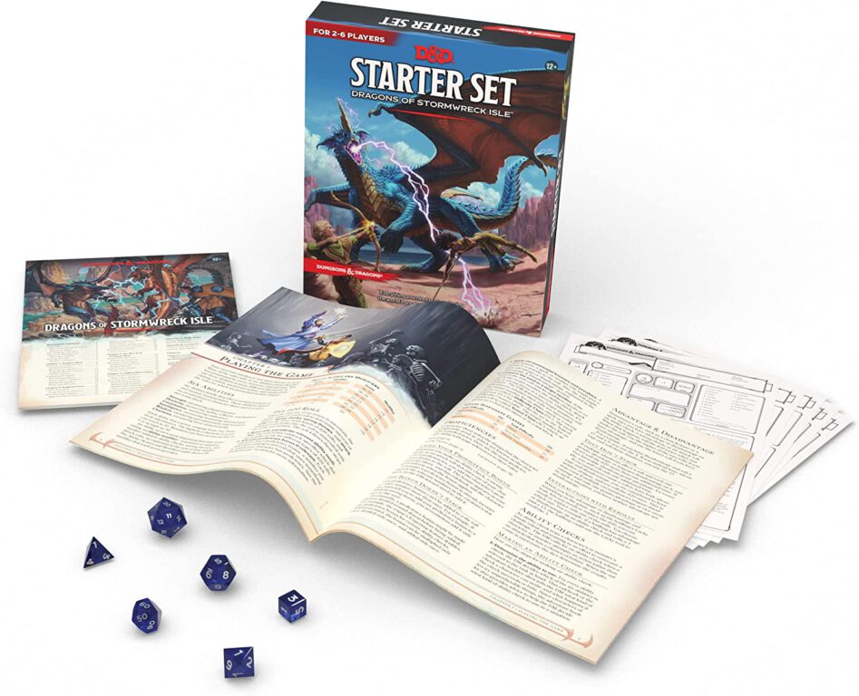 D&D Starter Set: Dragons of Stormwreck Isle with the box, game rule, dice and additional papers.