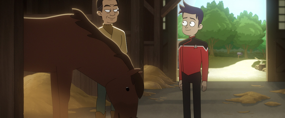 Jack Quaid as Ensign Brad Boimler and George Takei as Captain Sulu. They're in a horse stable in Idaho.