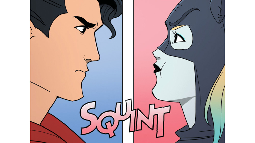 Superman and Harley Quin face each other, with the word SQUINT between them