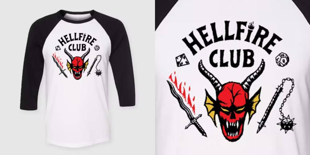 The Hellfire Club logo on a T-shirt featuring a devil, sword and dice.