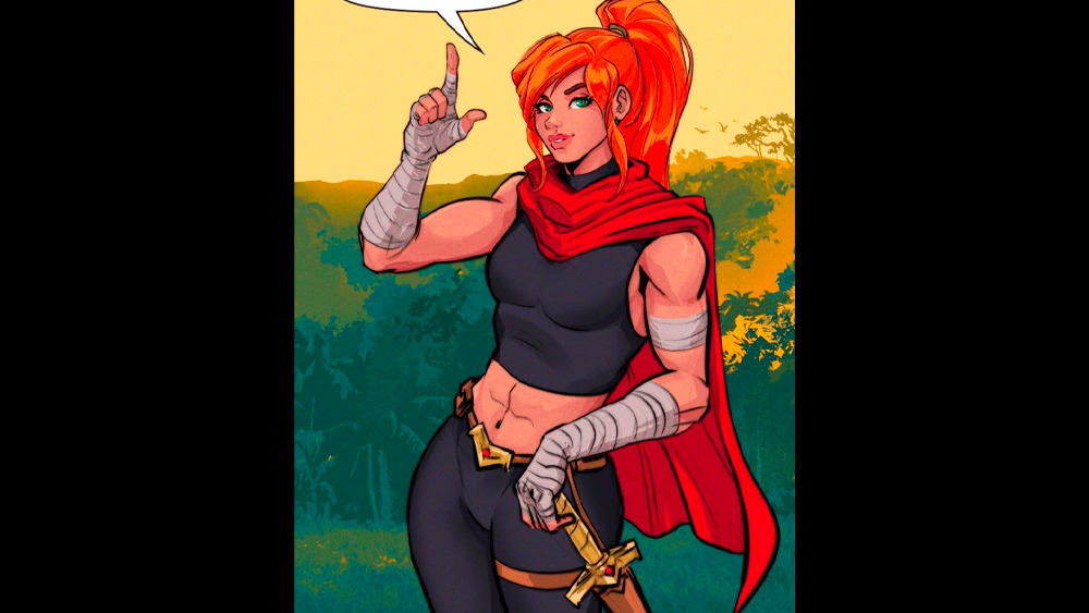 Artemis, a woman with very long red hair, carrying a sword