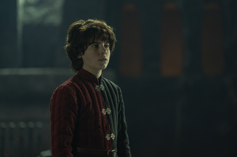 Lucerys Velaryon stands in a room on Dragonstone while wearing a red and black velvet doublet in House of the Dragon Season 1 Episode 10, "The Black Queen."
