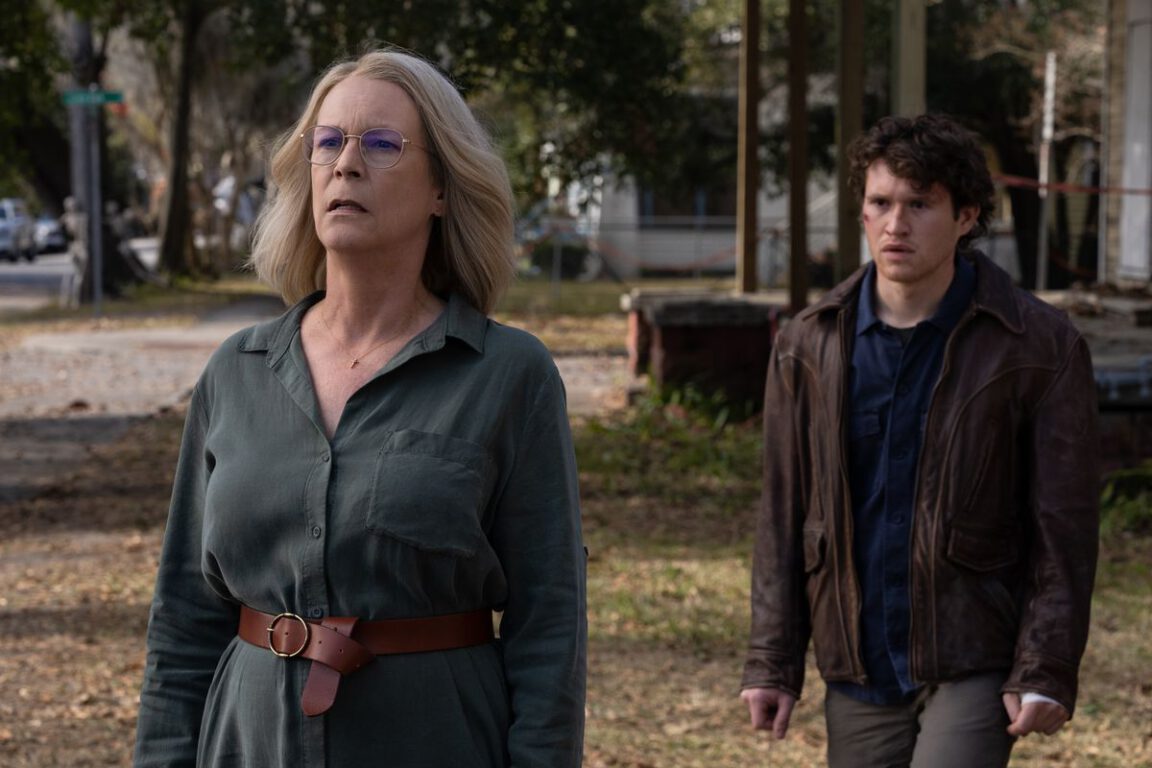 Laurie Strode (Jamie Lee Curtis) helps Corey (Rohan Campbell) in Halloween Ends