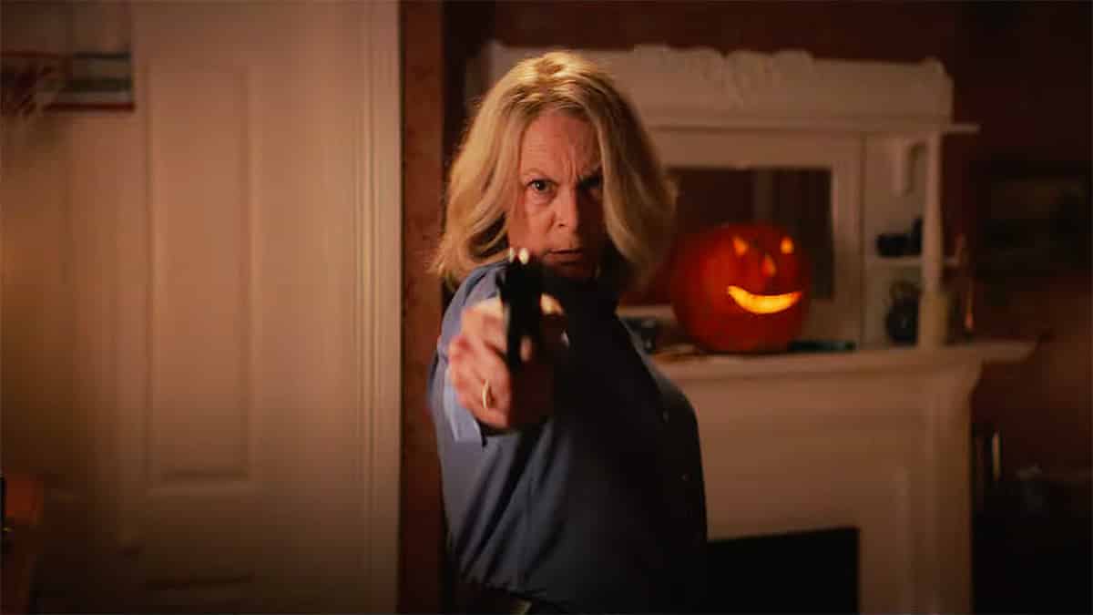 Laurie Strode (Jamie Lee Curtis) shoots at Michael Myers in Halloween Ends