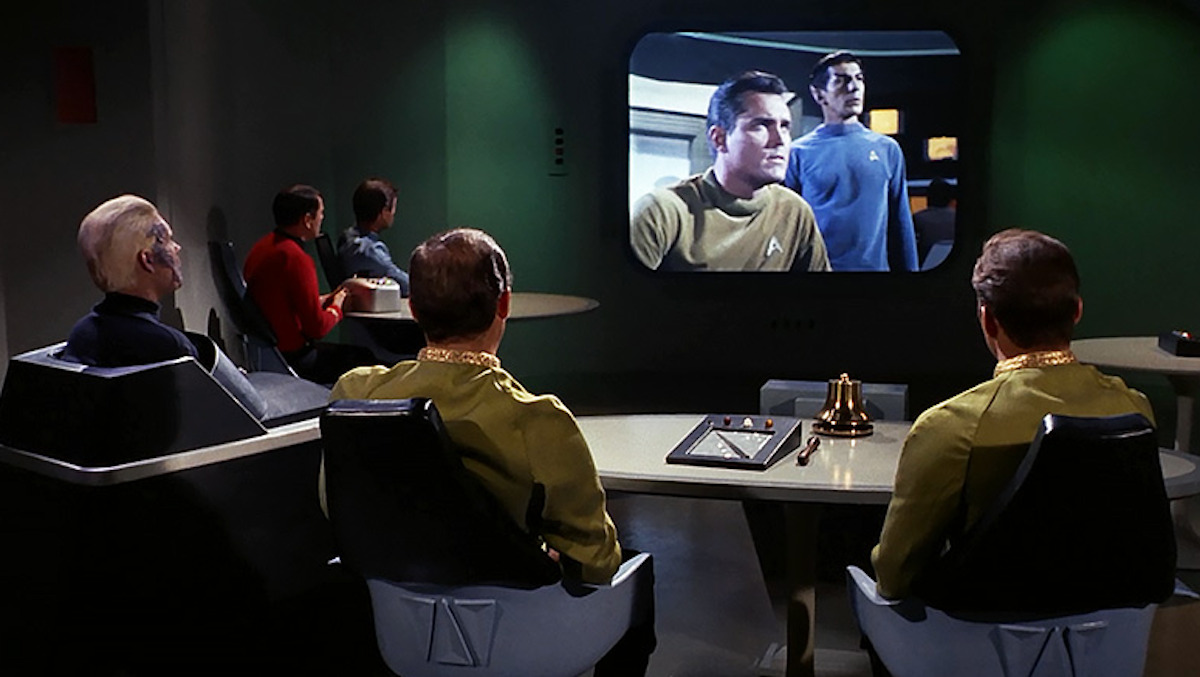 Star Trek: The Original Series, "The Menagerie." Captain Pike and the crew of the Enterprise watch "The Cage" on a screen.