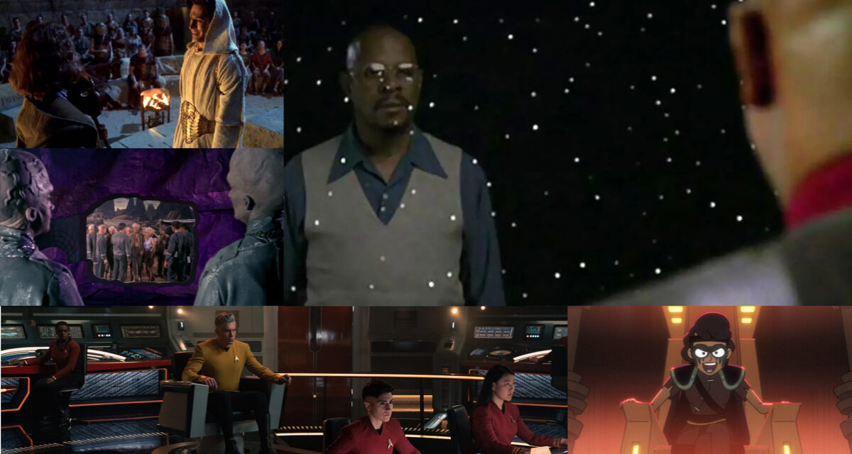 Six images: from "The Muse," Star Trek: Voyager; "The Cage," Star Trek: The Original Series, "A Quality of Mercy," Star Trek: Strange New Worlds; "Far Beyond the Stars," Star Trek: Deep Space Nine," and "Crisis Point: The Rise of Vindicta," Star Trek: Lower Decks.