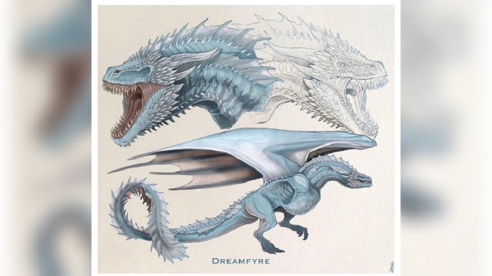 Three sketches of the blue dragon Dreamfyre from House of the Dragon.