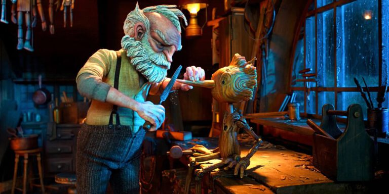 Geppetto carves Pinocchio in Guillermo del Toro's Pinocchio.