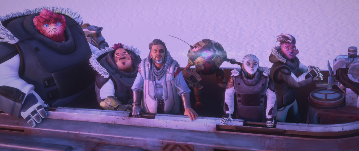 Rylee Alazraqui as Rok-Tahk, Jason Mantzoukas as Jankom Pog, Billy Campbell as Thadiun Okona, Angus Imrie as Zero, Ella Purnell as Gwyn and Brett Gray as Captain Dal R'el. They are in a cart fleeing someone in a snowy landscape.