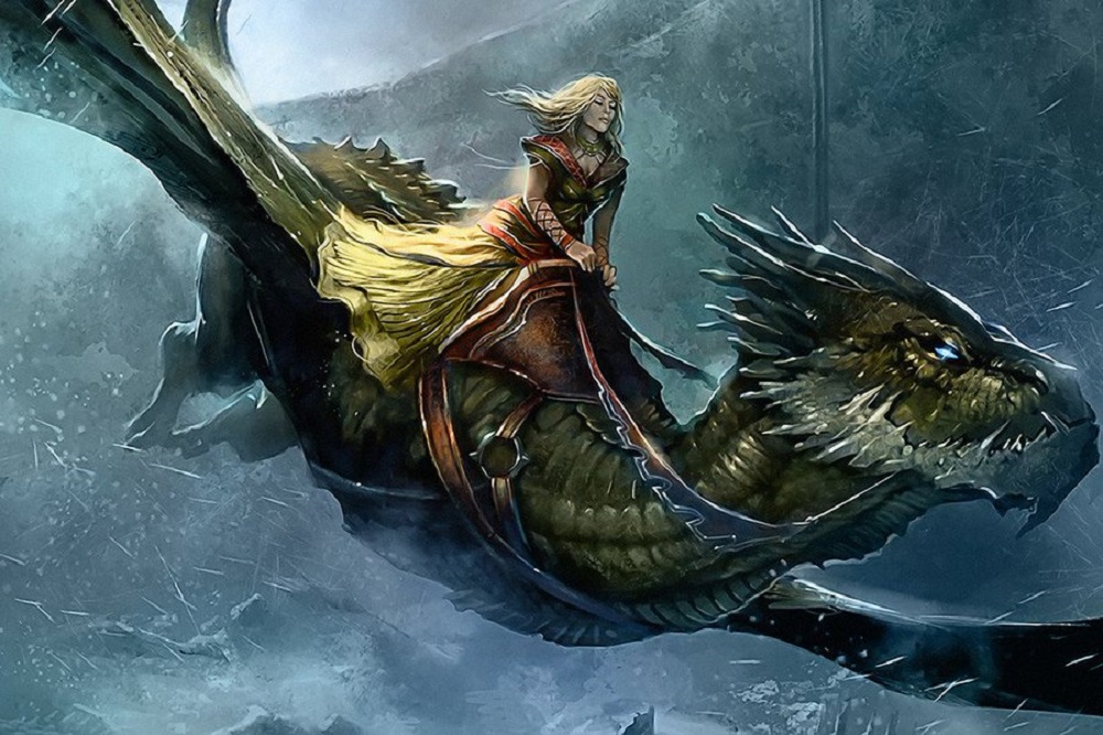 Queen Alysanne Targaryen rides her dragon Silverwing.