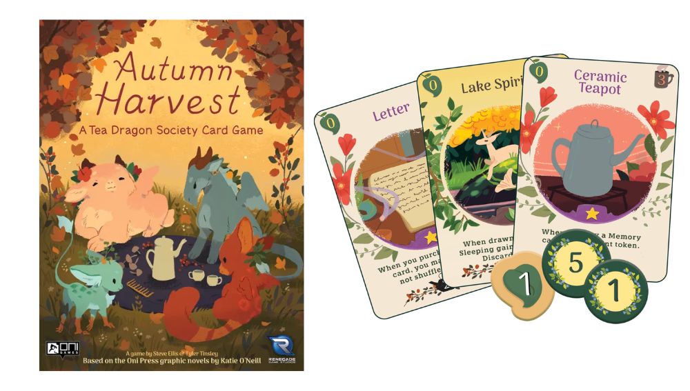 Autumn Harvest card game box, cards and tokens on white background