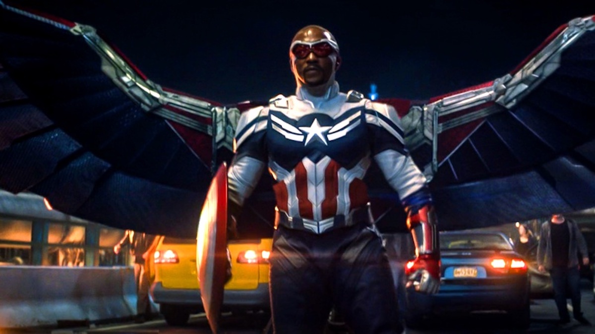 Anthony Mackie as Sam Wilson, Captain America. His Wakanda-designed suit has its wings unfurled.