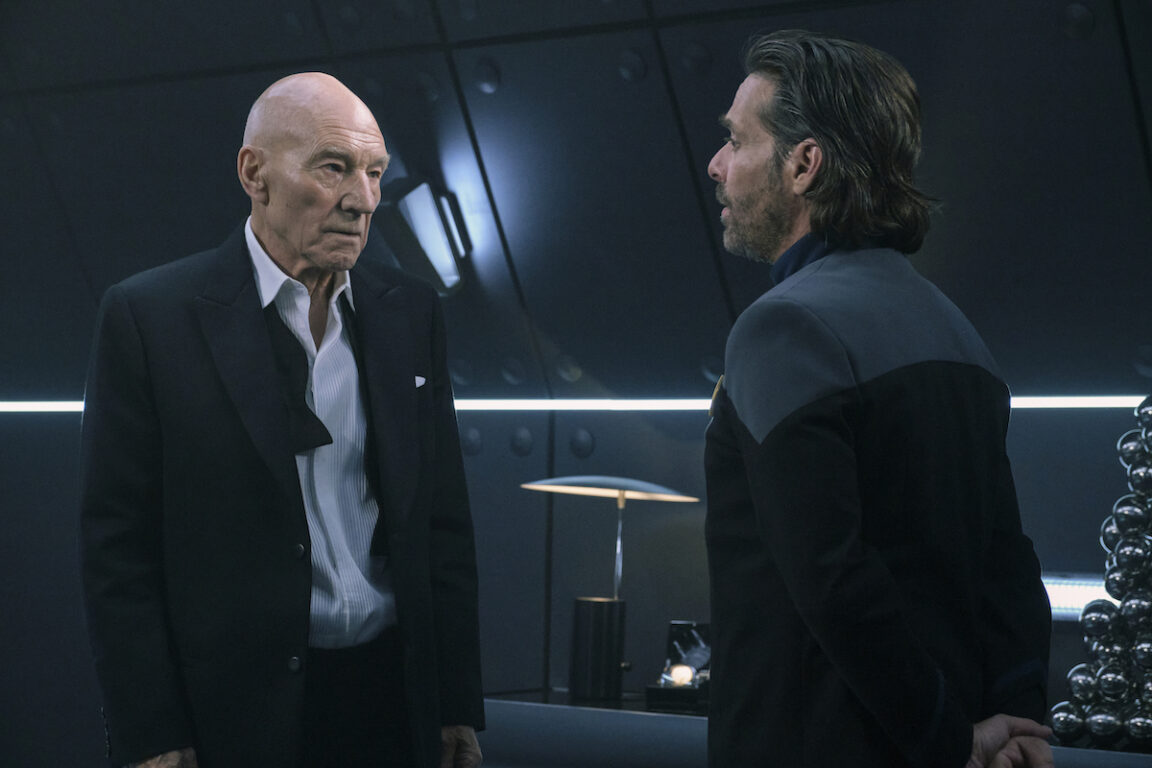 Patrick Stewart as Picard and James Callis as his father.