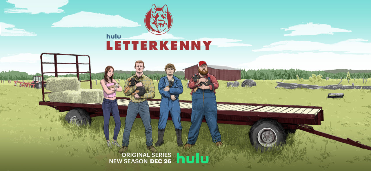 Letterkenny Season 11 key art featuring Katy, Wayne, Daryl, and Squirrely Dan standing in a field in a cartoon style. 