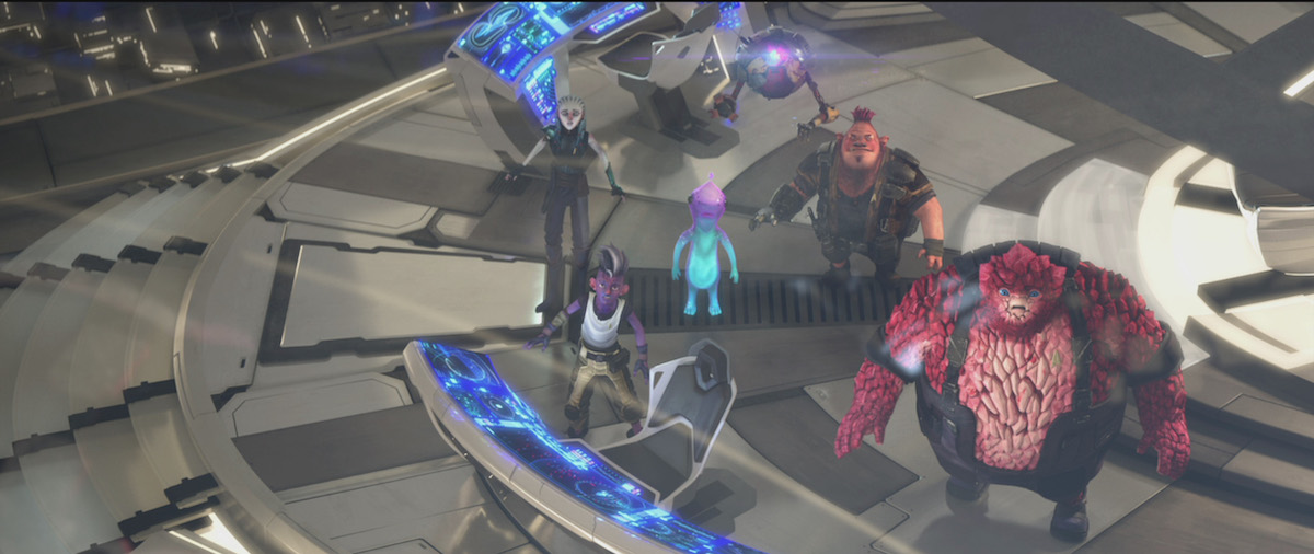 Ella Purnell as Gwyn, Brett Gray as Dal, Dee Bradley Baker as Murf, Angus Imrie as Zero, Jason Mantzoukas as Jankom Pog and Rylee Alazraqui as Rok-Tahk on the bridge of the Protostar in Star Trek: Prodigy's Mindwalk. They are looking across at the Dauntless.