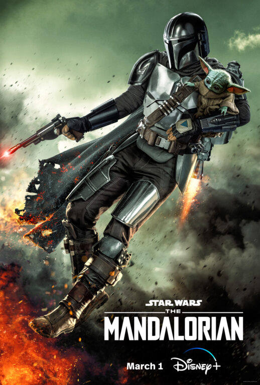 The official poster for The Mandalorian Season 3, featuring Din Djarin wearing his Mandalorian armor while holding Grogu in one arm and firing a blaster and flying away.