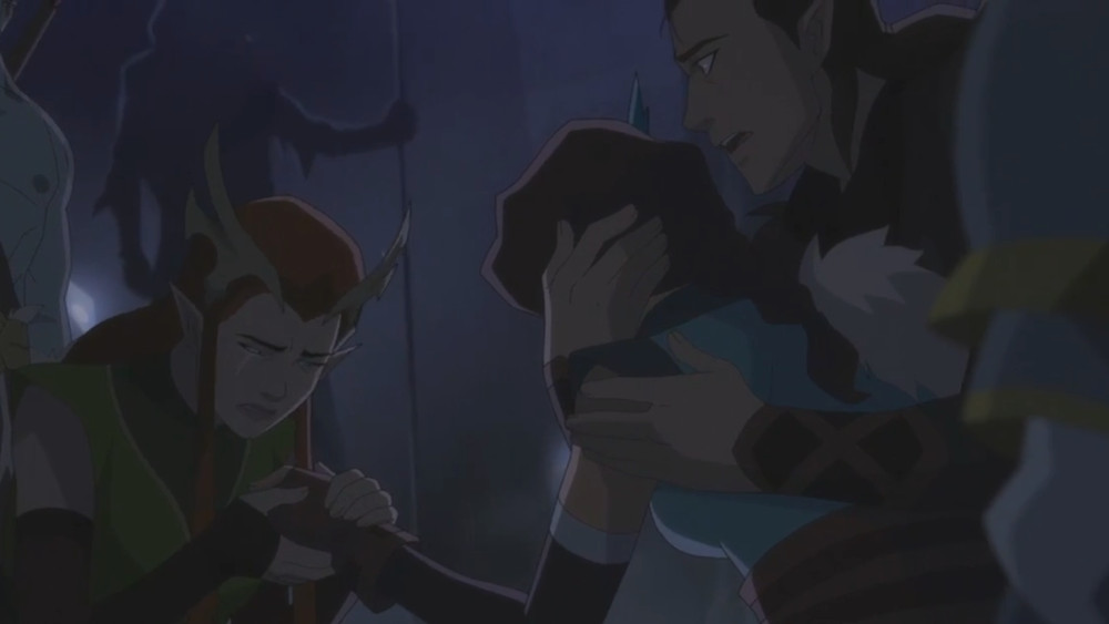 Vax holding Vex while Keyleth tries to heal her.