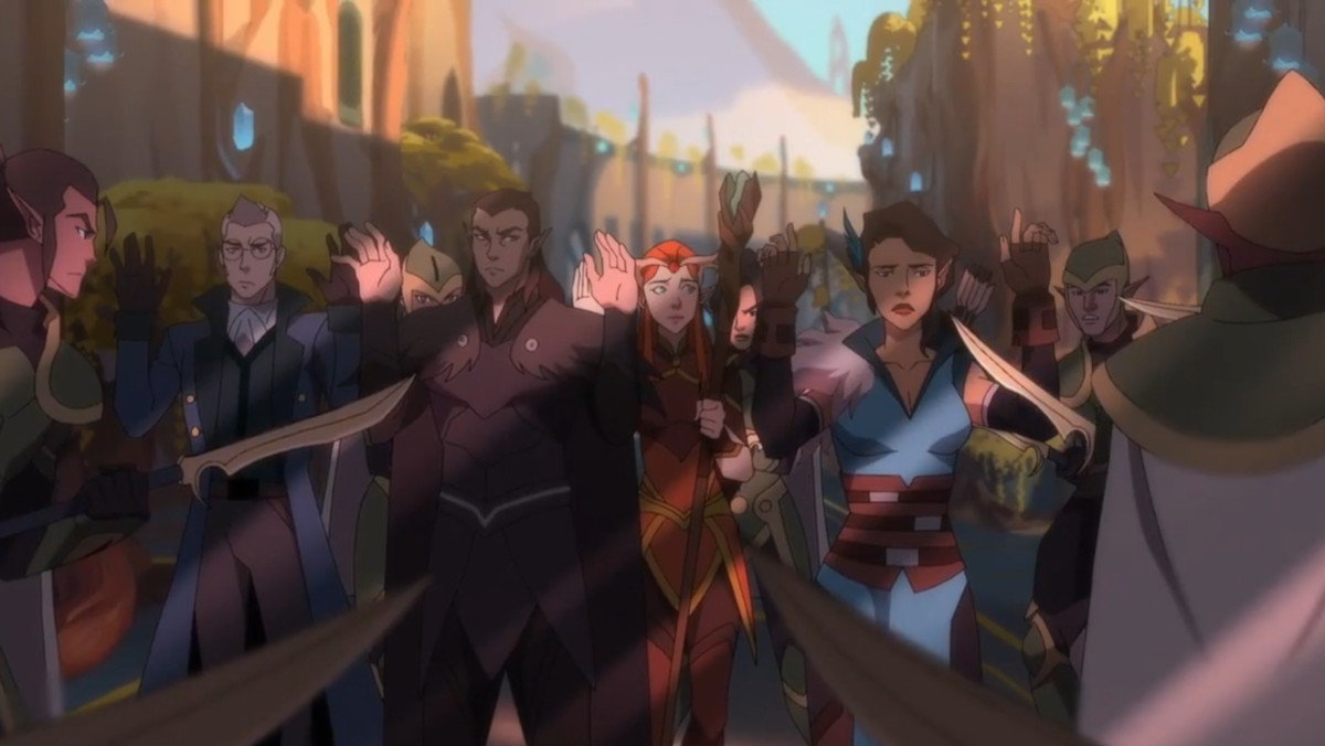 Percy, Keyleth, Vex and Vax surrounded by guards.