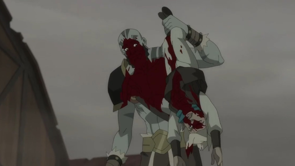 Grog covered in blood holding Pike upside down.