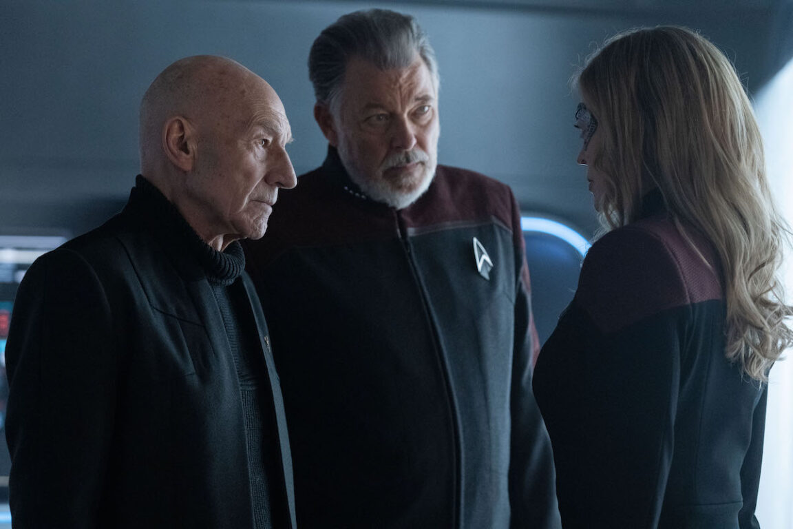 Patrick Stewart as Picard, Jonathan Frakes as Riker and Jeri Ryan as Seven of Nine in "The Next Generation" Episode 301, Star Trek: Picard on Paramount+. 