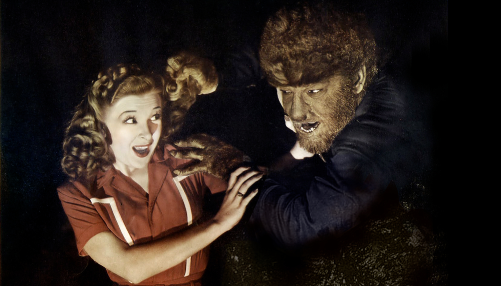 Evelyn Ankers as Gwen and Lon Cheney Jr. as The Wolfman.