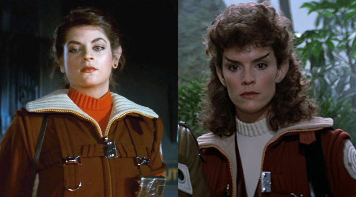 Kristie Alley as Saavik in Star Trek II and Robin Curtis as Saavik in Star Trek III. They are wearing similar costumes.
