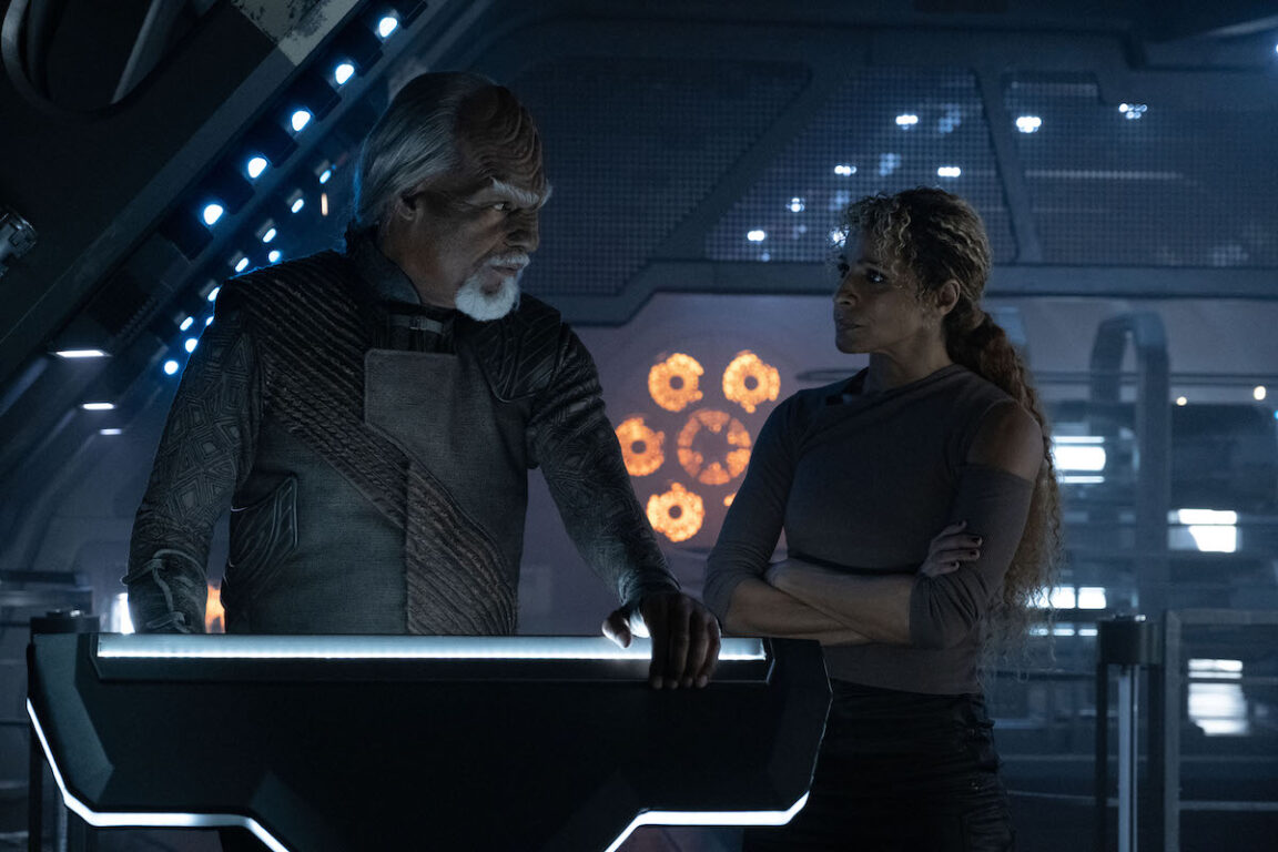Michael Dorn as Worf and Michelle Hurd as Raffi Musiker in "Imposters" Episode 305, Star Trek: Picard on Paramount+.