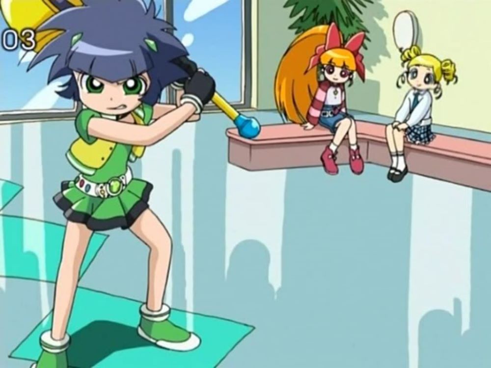Buttercup swings her weapon while Bubbles and Blossom sit and smile in the background.