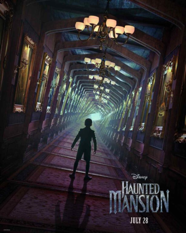 Haunted Mansion poster with a mysterious child in a long hallway.