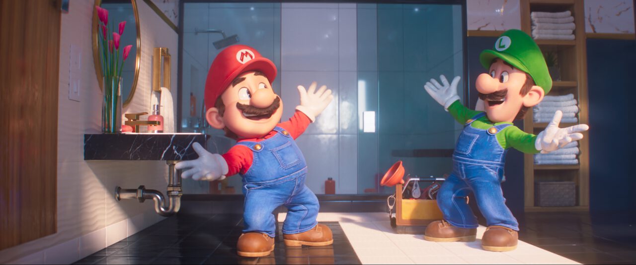 Mario and Luigi celebrate in a bathroom.