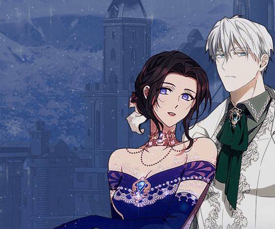 A banner featuring calcion and rin from the webtoon series charming the duke of the north