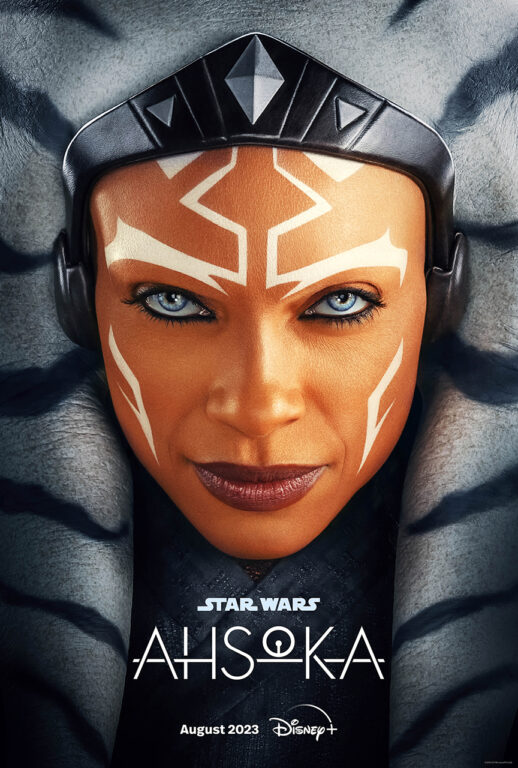 Poster for the Ahsoka live-action Star Wars series featuring a close-up of Rosario Dawson's face as the titular character.