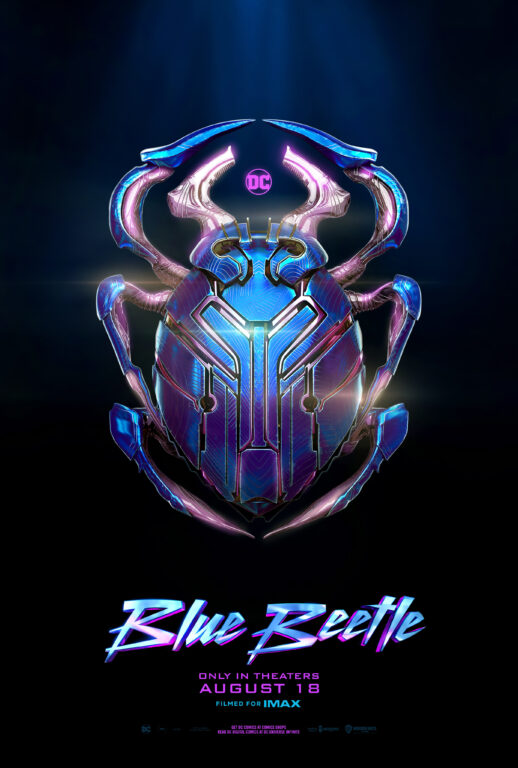 The official poster for the DC film Blue Beetle, featuring a bright blue scarab on a black background.
