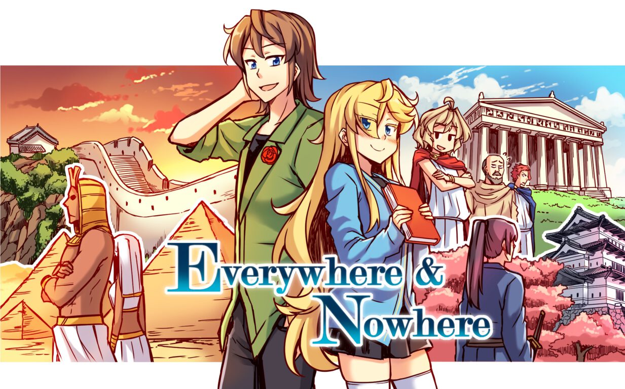 The male and female lead of everywhere and nowhere. The background shows four different historical locations: Ancient Greece, the great wall of china, a fuedal japan and ancient egypt.