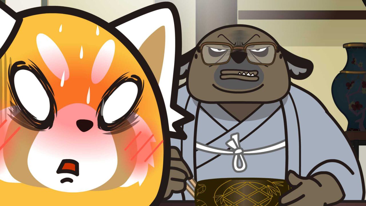 The red panda on the left is reacting to the animal on the right. The red panda is Aggretsuko and she is nervous to be meeting her boyfriends family.
