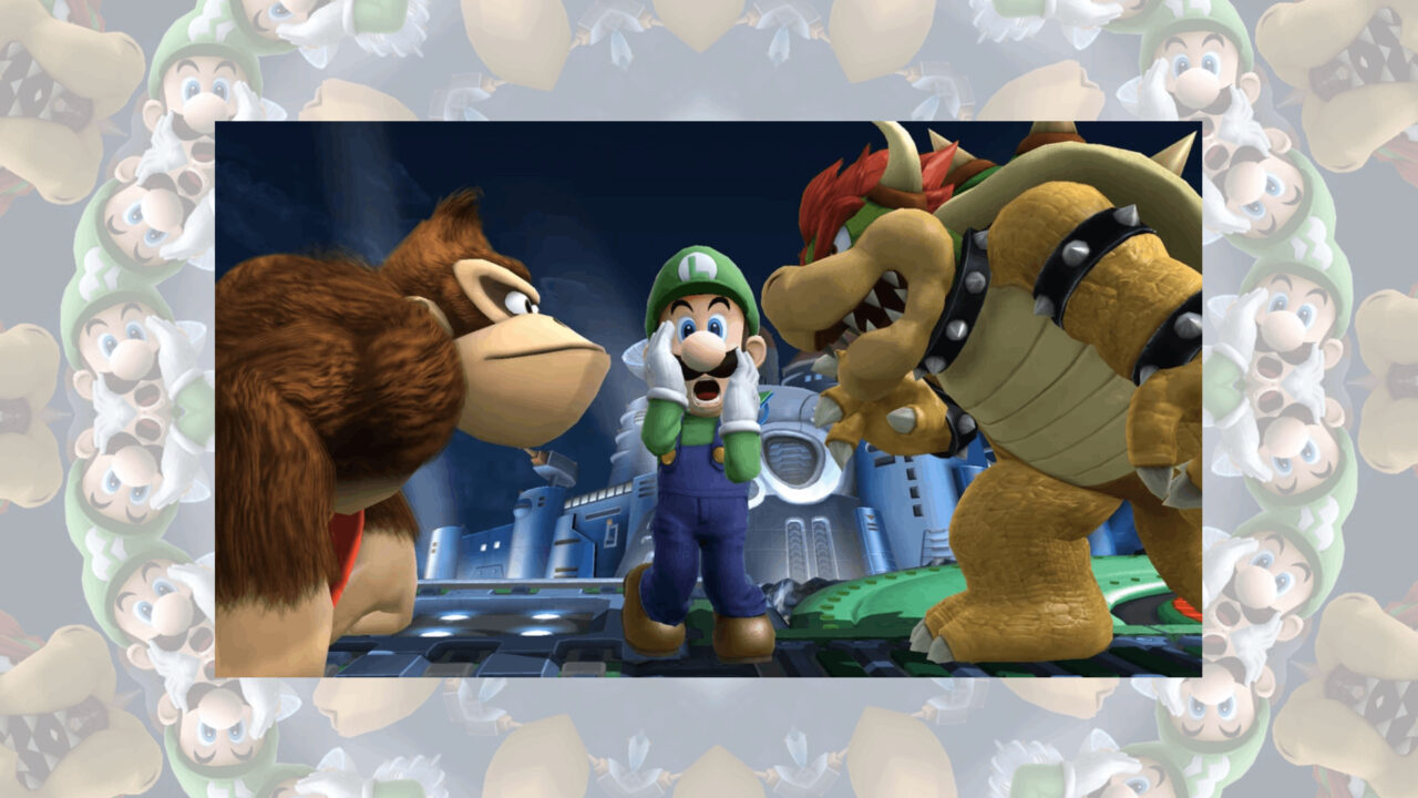 an advert for smash bros showing donkey kong, bowser, and luigi