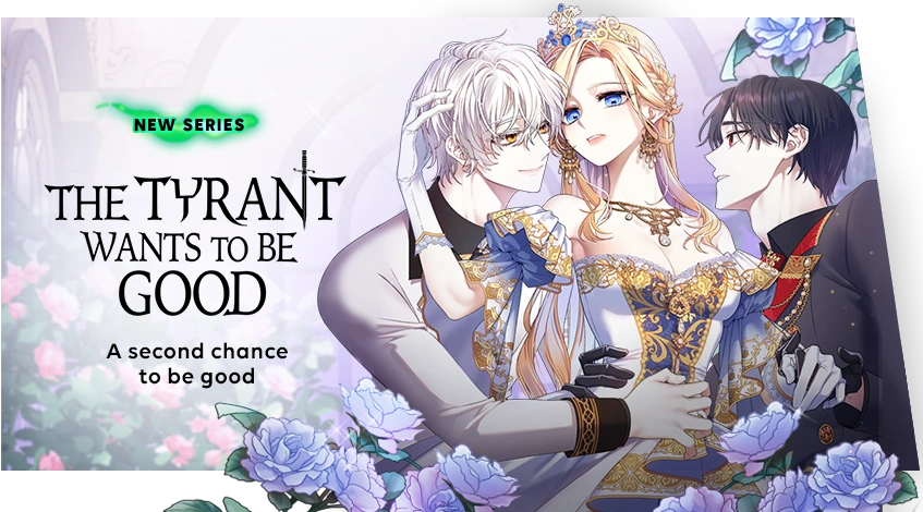 A banner featuring the two main love interests as well as the main character from the tyrant wants to be good
