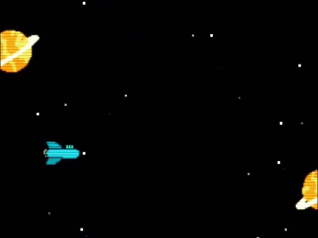 A video game showing a spaceship flying among planets on Futurama.