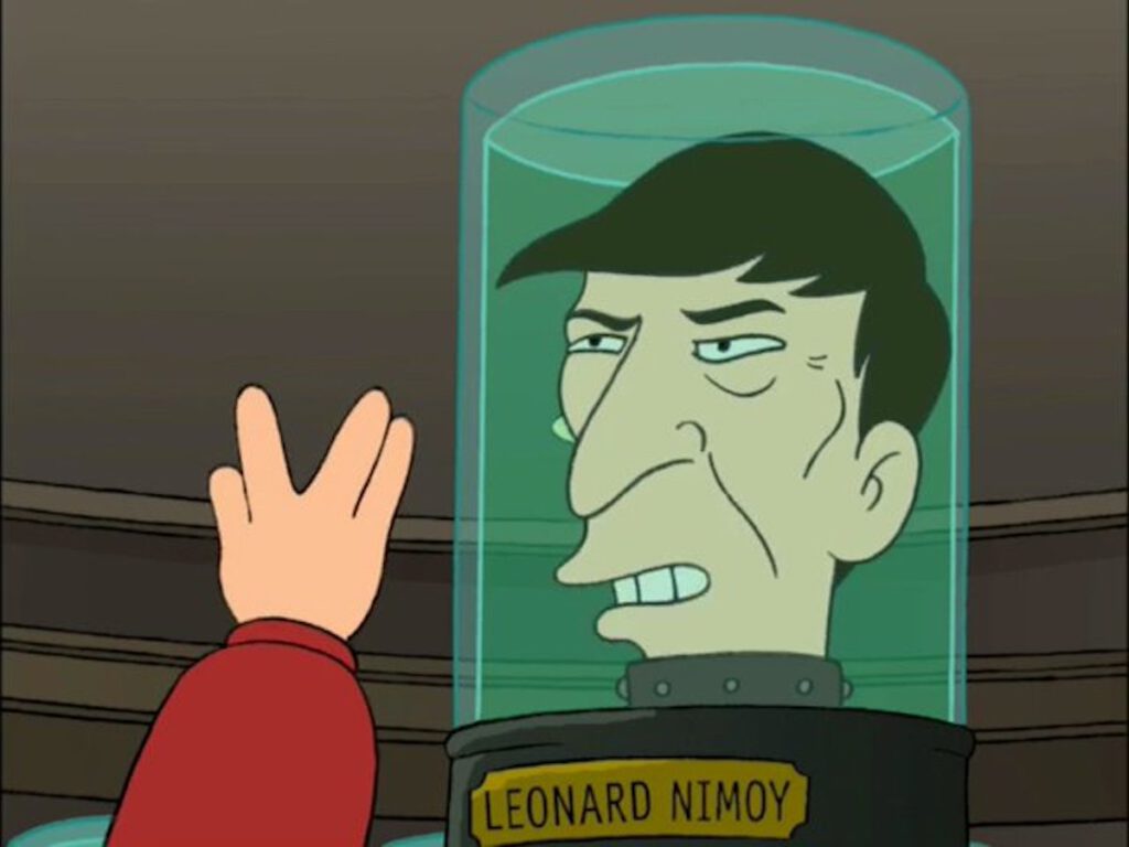 Philip J. Fry (Billy West) gives the Vulcan Salute to Leonard Nimoy's head on Futurama.