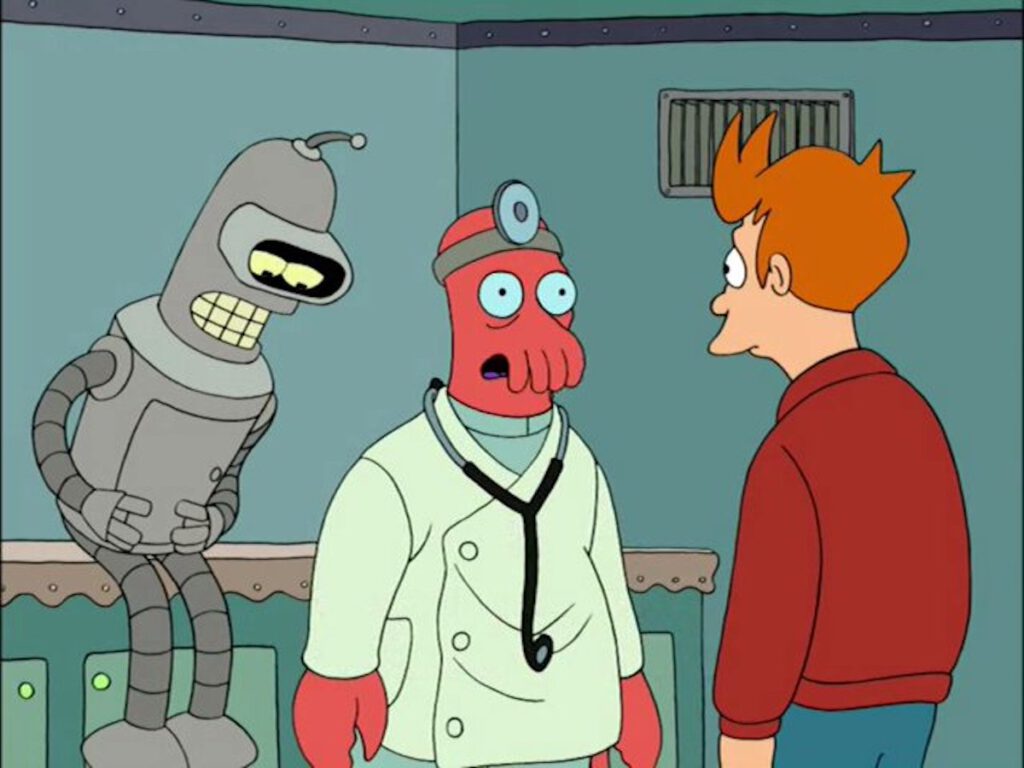 Doctor Zoidberg (Billy West) talks with Philip J. Fry (West) and a sick Bender (John DiMaggio).