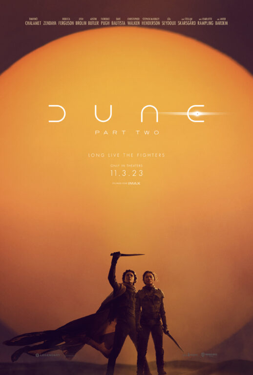 The official poster for Dune: Part Two, featuring Paul Atreides and Chani standing in the sand on an orange background.