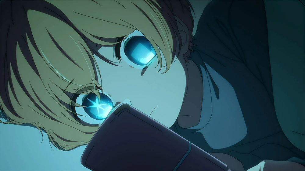 Aqua reading their phone on the anime, oshi no ko
