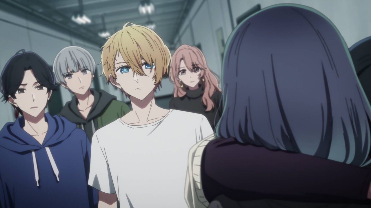 Aqua is looking at Akane while their costars and miyako stand behind him. From episode 7 of oshi no ko, Buzz.