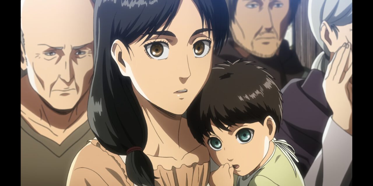 baby eren yaeger and his mother, carla in a flashback scene from attack on titan