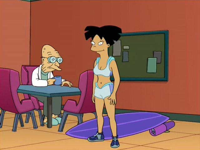 Billy West as Professor Farnsworth and Lauren Tom as Amy Wong in her Partyboarding gear.