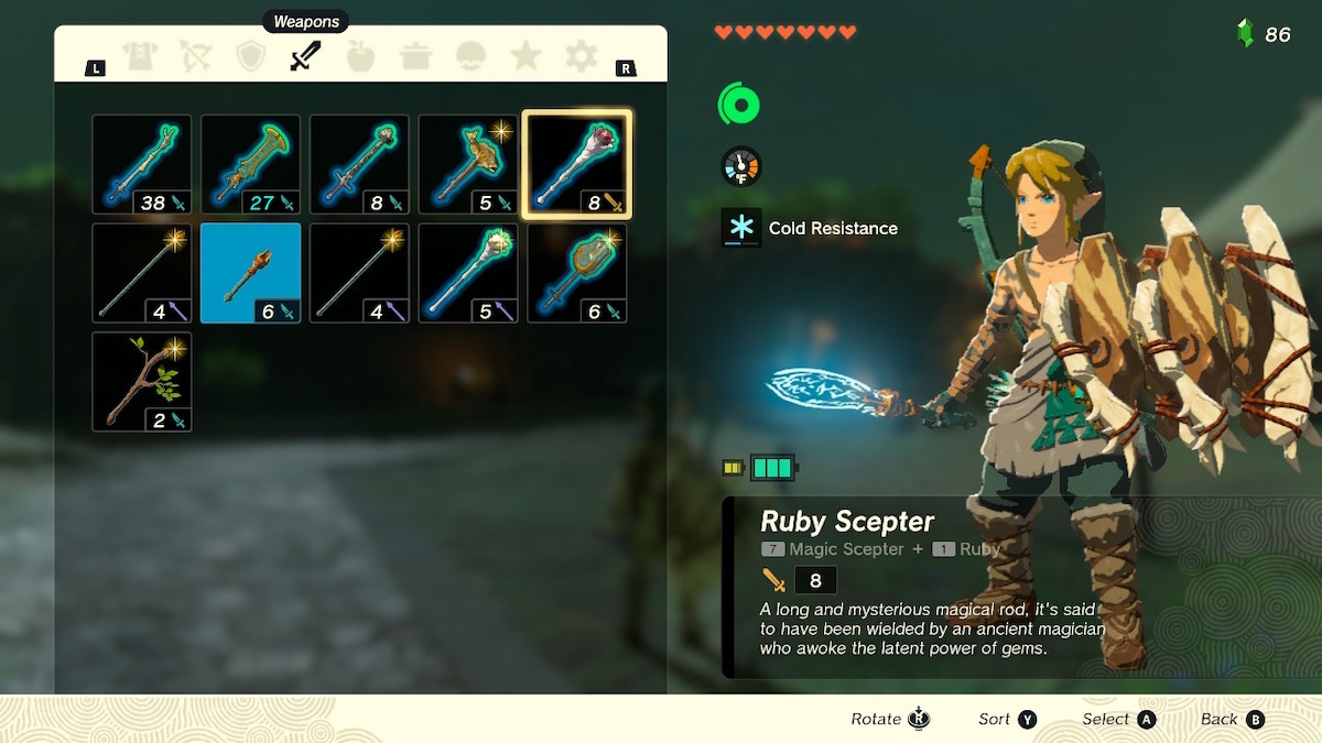 Link weilding the Ruby Scepter on the weapon selection screen.