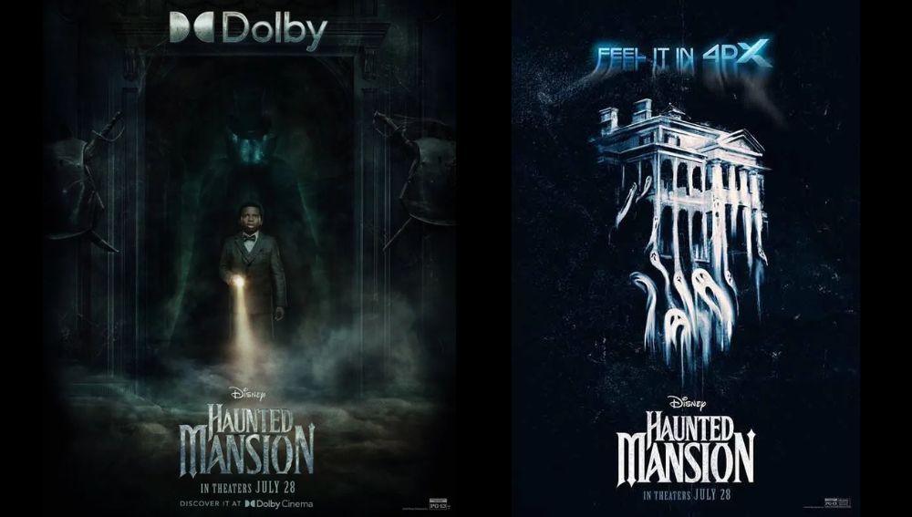 Two posters on a black ground: a boy with a flashlight in front of a haunted figure (left) and white ghosts leading to a large house (right).